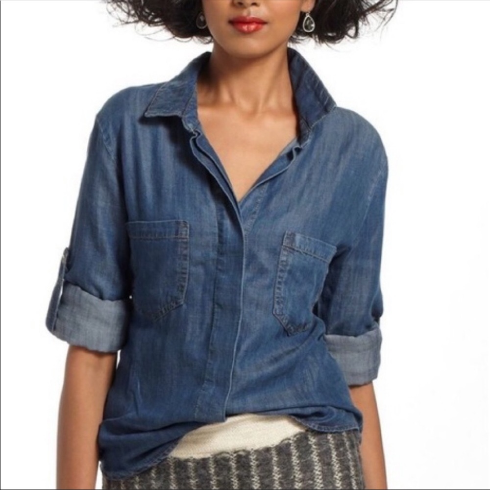 Anthropologie CLOTH & STONE Long Sleeve Button Down Top Chambray Denim Tencel D3 - Picture 2 of 9